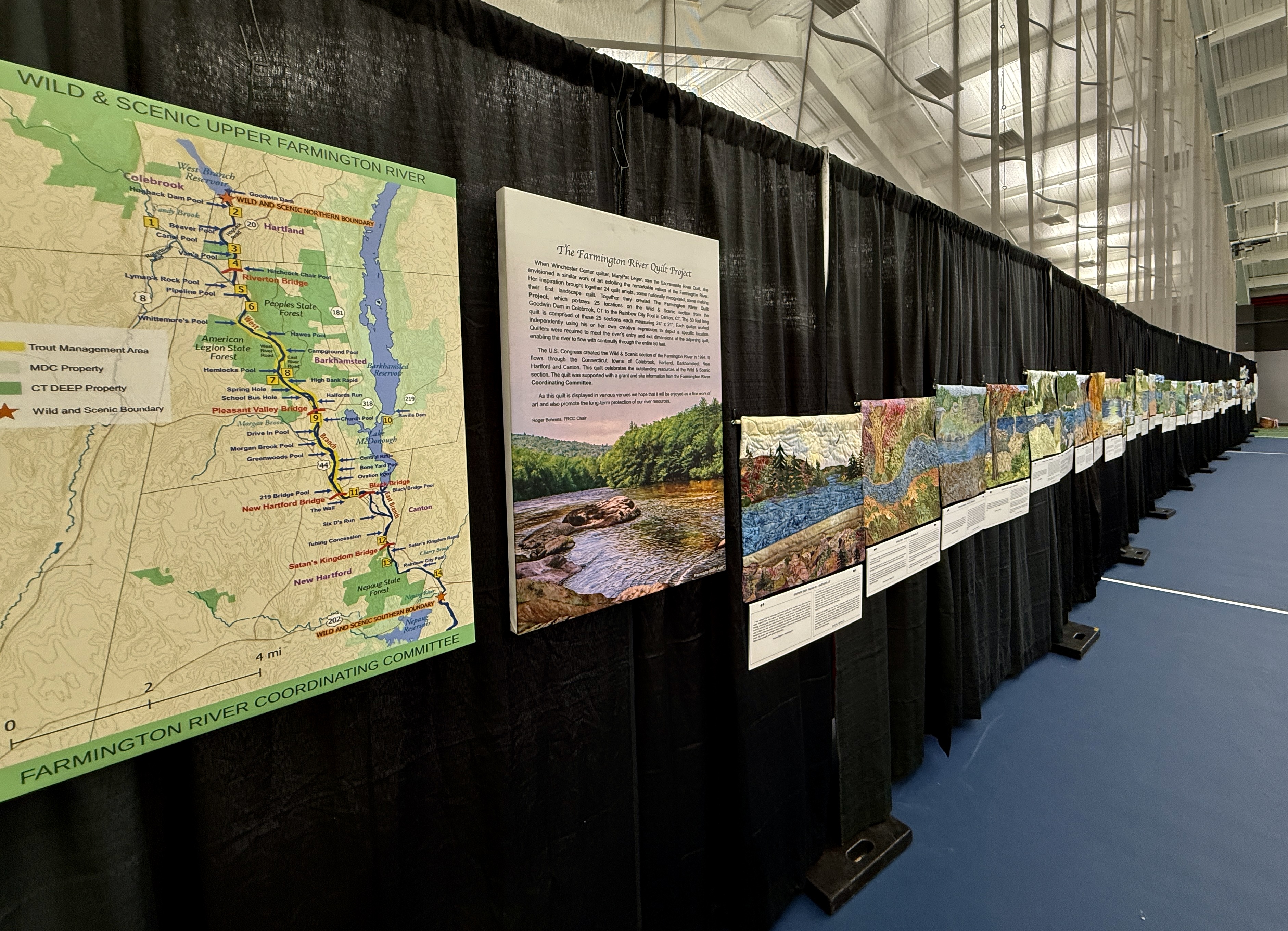 the quilt sections on display